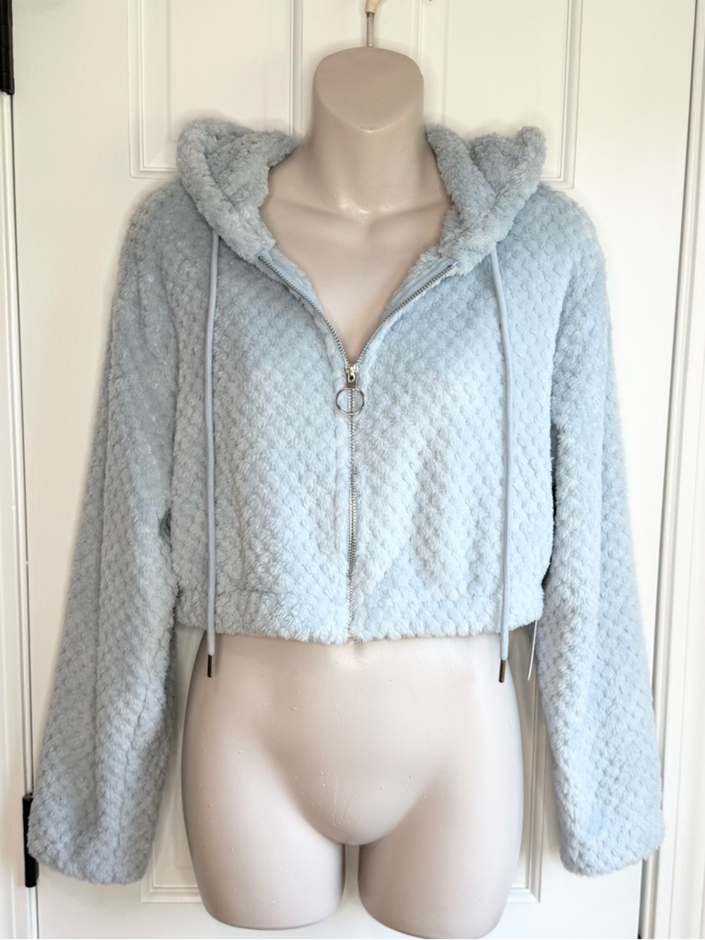 Cropped Teddy Zip-Up Hoodie Jacket - Light Blue